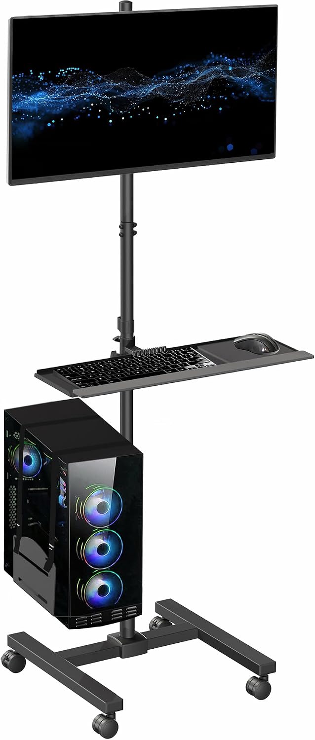 Adjustable Monitor Mount - Black Rolling Computer Cart With Monitor