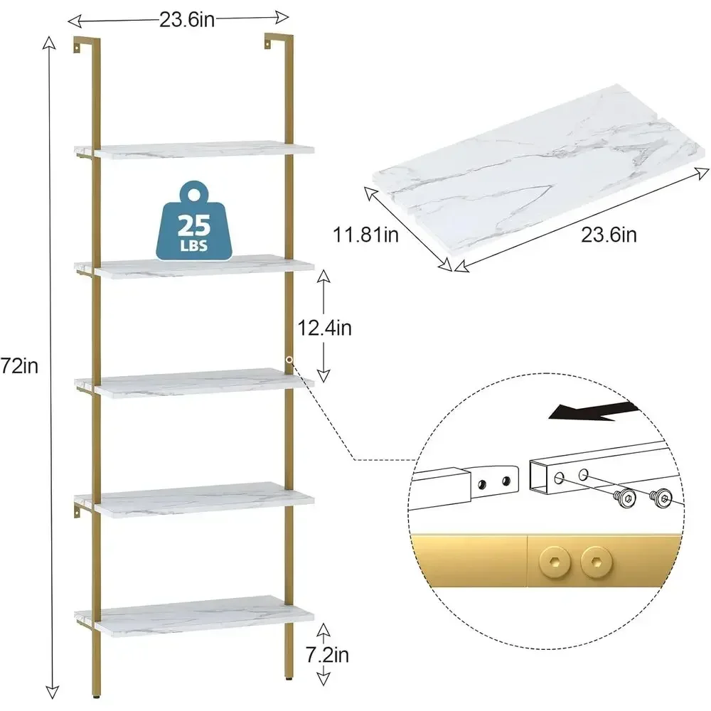 5-Tier White Marble Wall-Mount - Bookshelf 5 Tier recension och pris